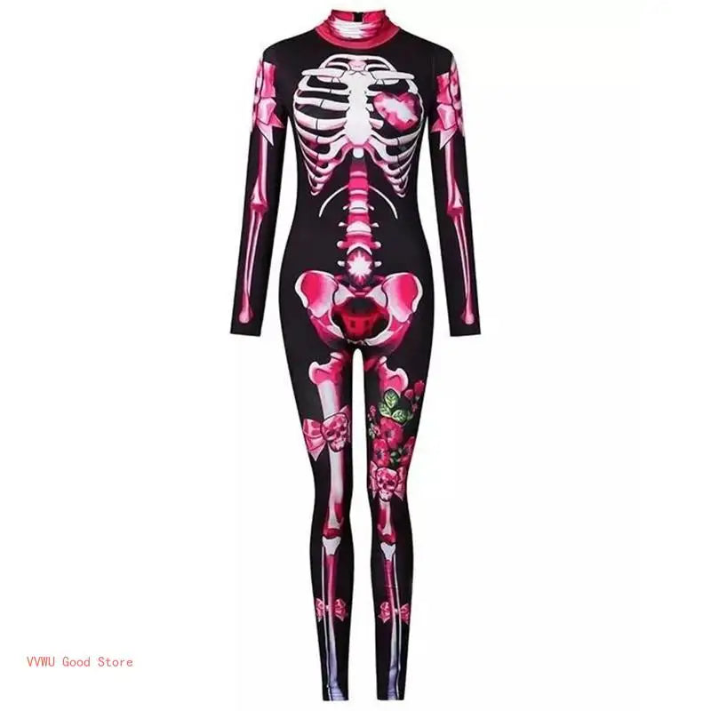 Women Halloween Party Costume Skull Print Long Sleeve Jumpsuit Outfit Skeleton