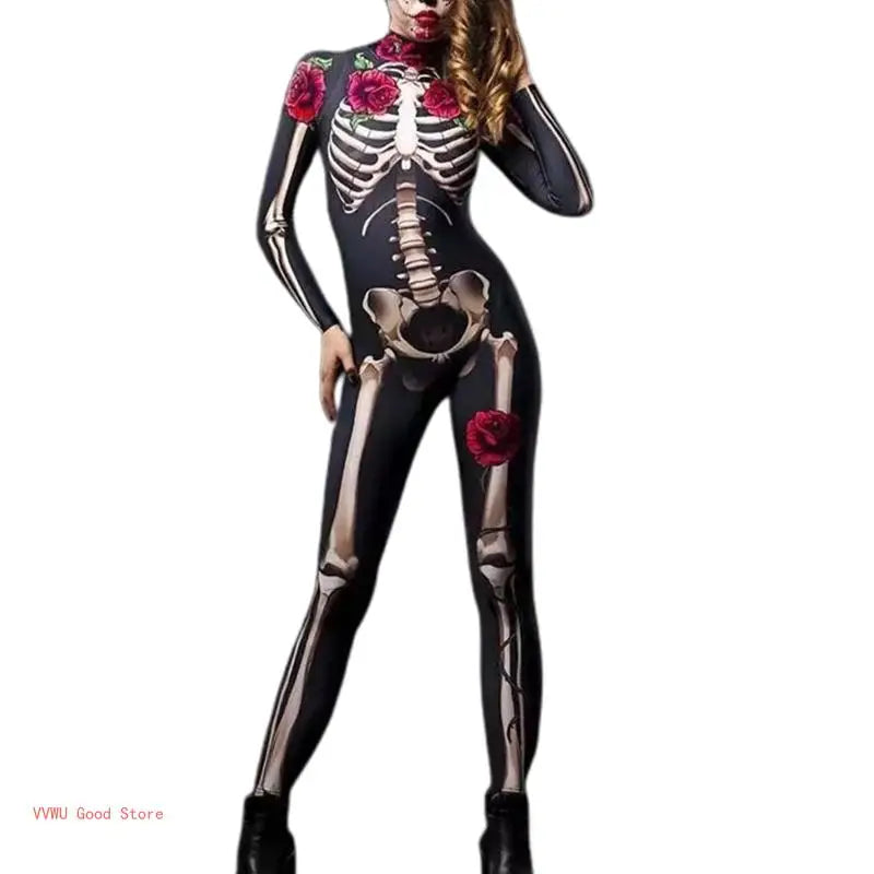 Women Halloween Party Costume Skull Print Long Sleeve Jumpsuit Outfit Skeleton