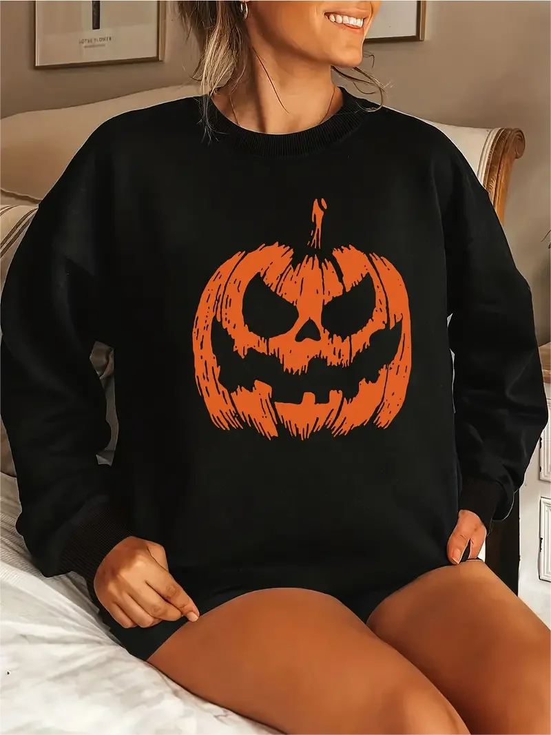 Women Halloween Pumpkin Print Long Sleeve Round Neck Pullover Plus Size Casual Sweatshirt