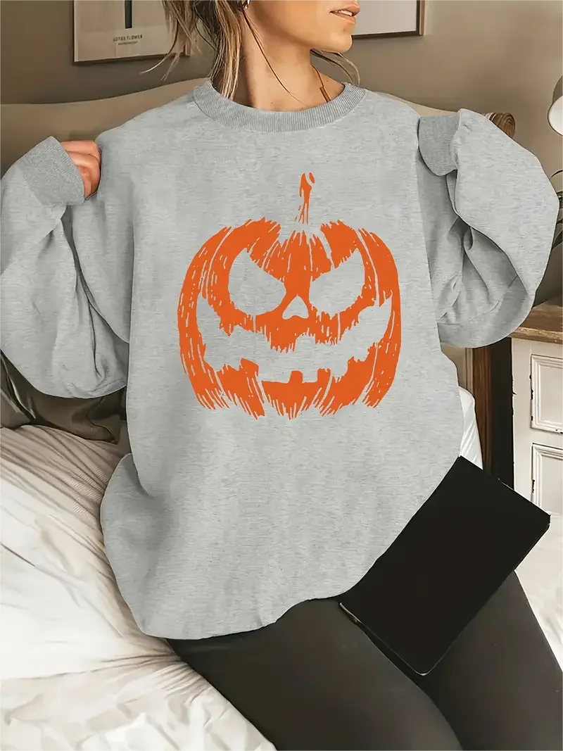 Women Halloween Pumpkin Print Long Sleeve Round Neck Pullover Plus Size Casual Sweatshirt