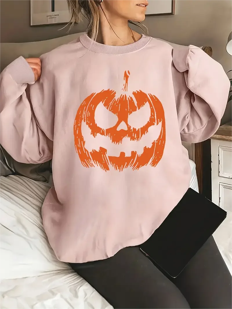 Women Halloween Pumpkin Print Long Sleeve Round Neck Pullover Plus Size Casual Sweatshirt