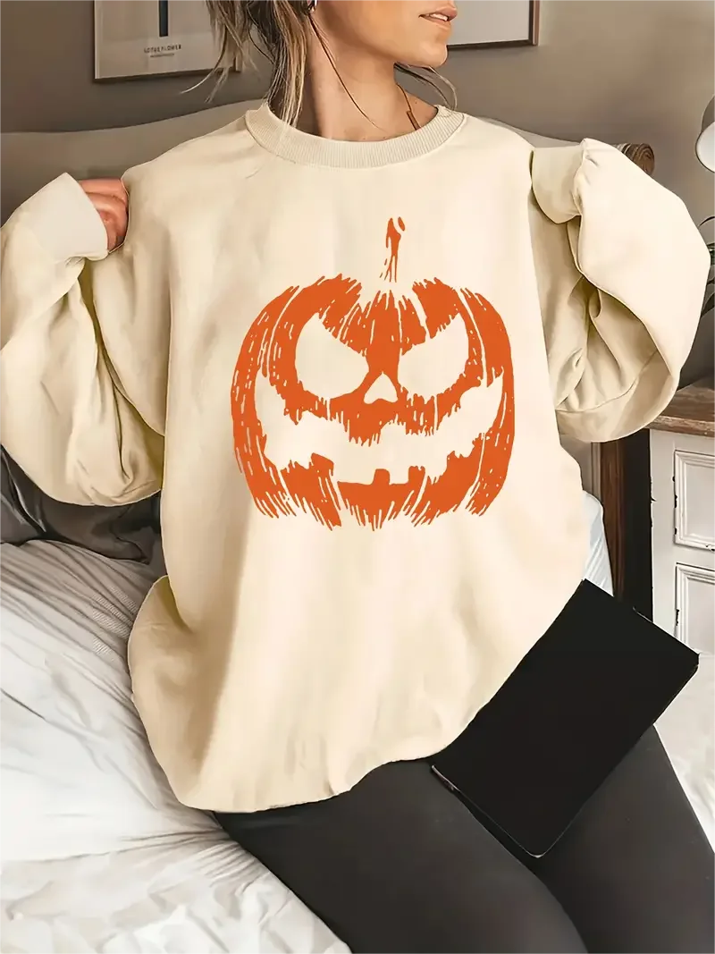 Women Halloween Pumpkin Print Long Sleeve Round Neck Pullover Plus Size Casual Sweatshirt