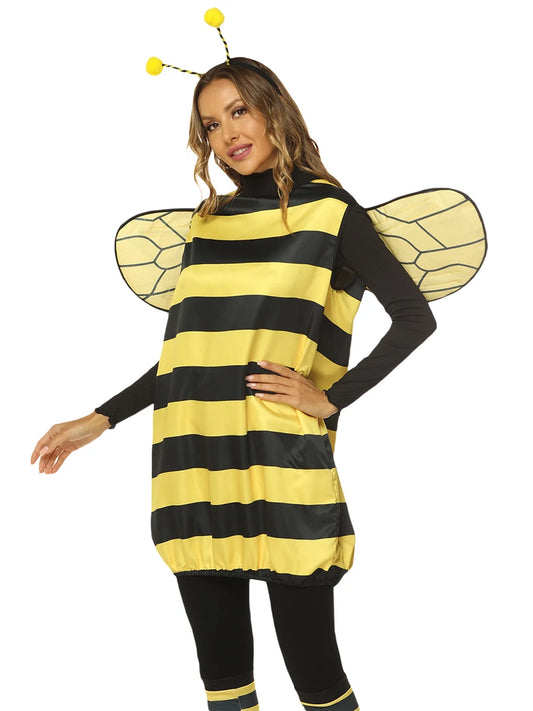 Women Kids Cosplay Costume Set Halloween Bee Dress with Wings Headband Leg Sleeves for Role-playing Accessories