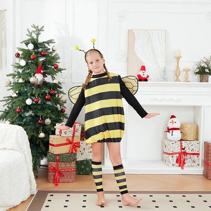 Women Kids Cosplay Costume Set Halloween Bee Dress with Wings Headband Leg Sleeves for Role-playing Accessories