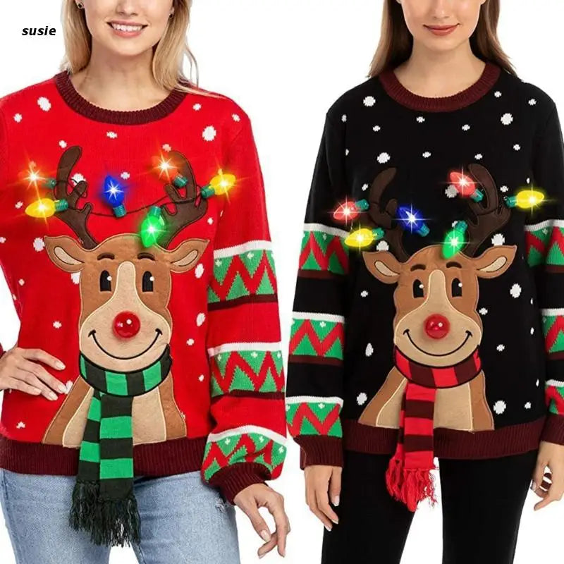 Women LED Light Up Holiday Sweater Christmas Cartoon Reindeer Knit Pullover Top