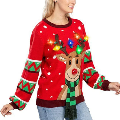 Women LED Light Up Holiday Sweater Christmas Cartoon Reindeer Knit Pullover Top