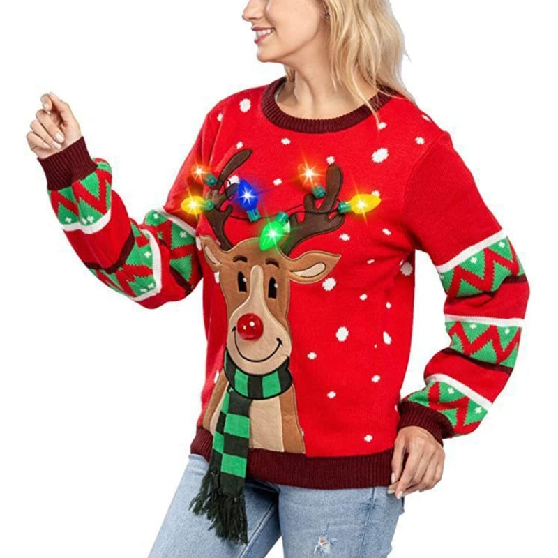 Women LED Light Up Holiday Sweater Christmas Cartoon Reindeer Knit Pullover Top