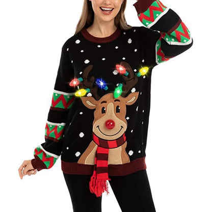 Women LED Light Up Holiday Sweater Christmas Cartoon Reindeer Knit Pullover Top