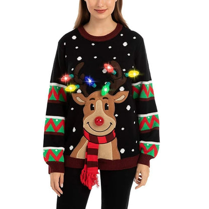 Women LED Light Up Holiday Sweater Christmas Cartoon Reindeer Knit Pullover Top