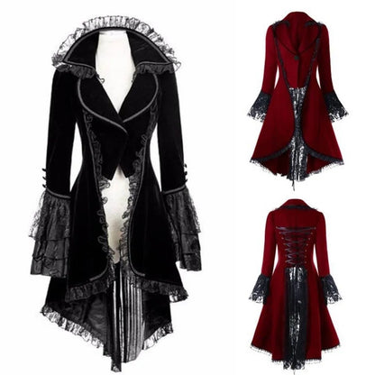 Women Lace Trim Lace-up High Low Coat Black Steampunk Victorian Style Gothic Jacket Medieval Noble Court Dress