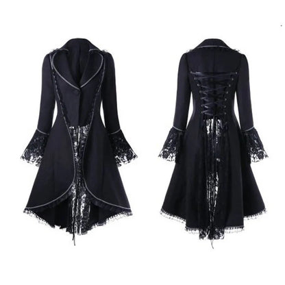 Women Lace Trim Lace-up High Low Coat Black Steampunk Victorian Style Gothic Jacket Medieval Noble Court Dress