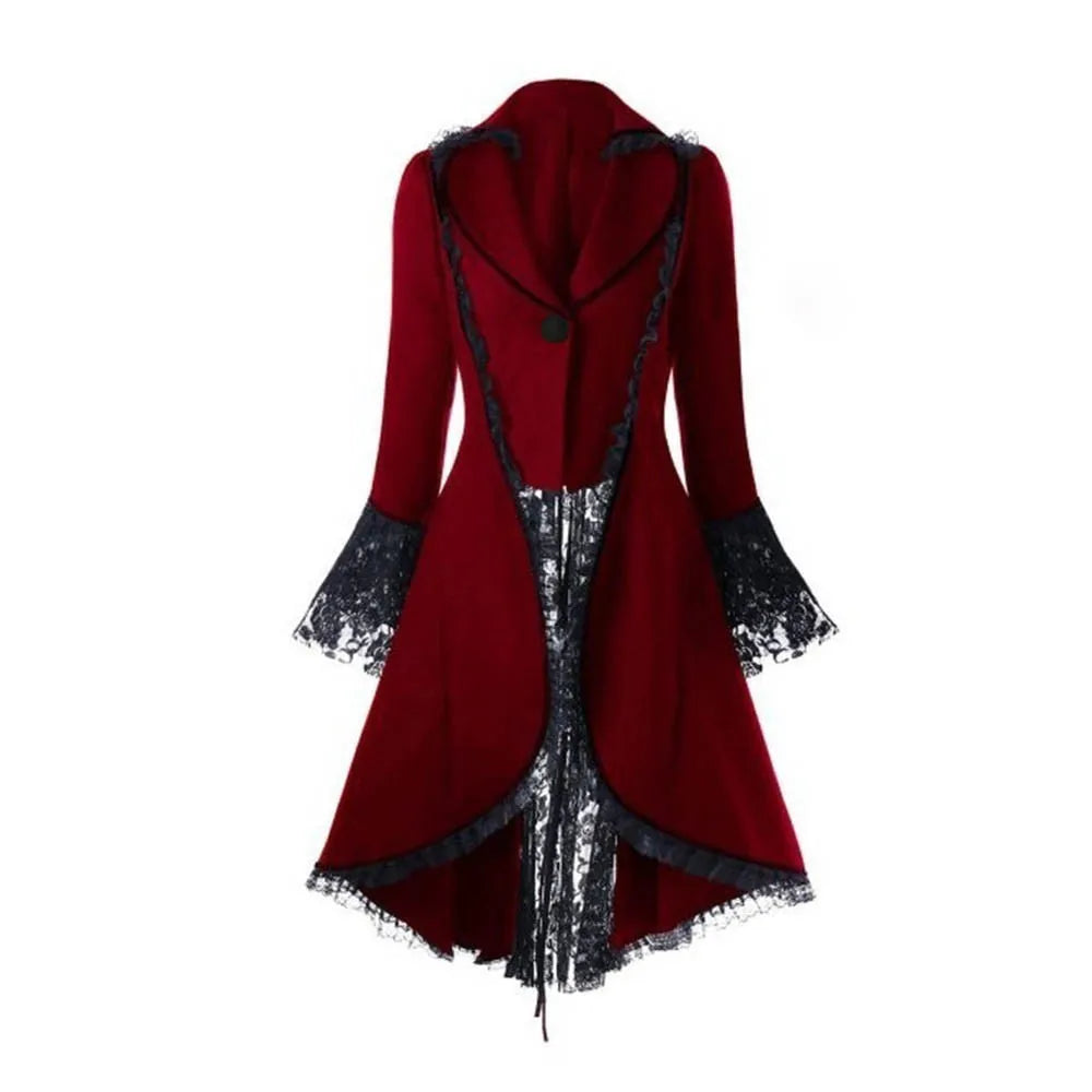 Women Lace Trim Lace-up High Low Coat Black Steampunk Victorian Style Gothic Jacket Medieval Noble Court Dress