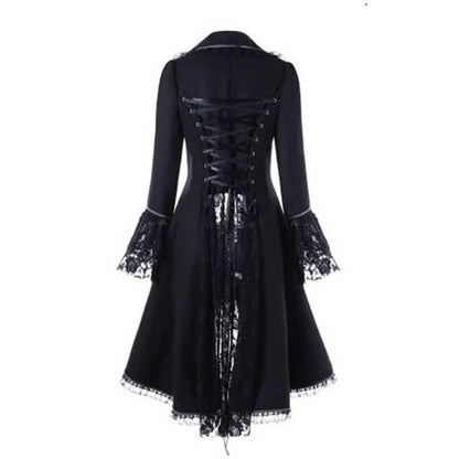 Women Lace Trim Lace-up High Low Coat Black Steampunk Victorian Style Gothic Jacket Medieval Noble Court Dress