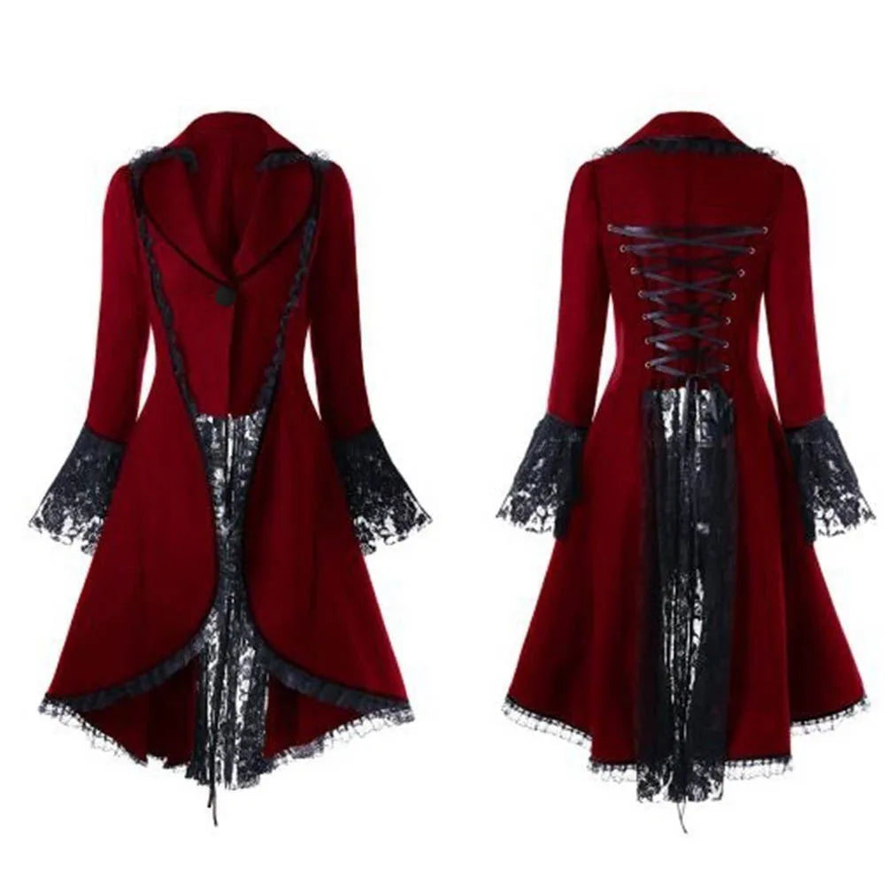 Women Lace Trim Lace-up High Low Coat Black Steampunk Victorian Style Gothic Jacket Medieval Noble Court Dress