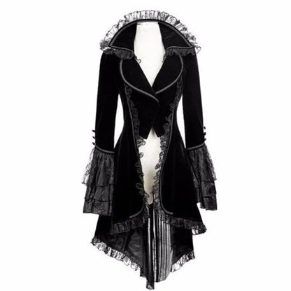 Women Lace Trim Lace-up High Low Coat Black Steampunk Victorian Style Gothic Jacket Medieval Noble Court Dress