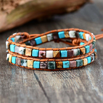 Women Leather Bracelets Mix Natural Stones 2 Strands Wrap Bracelets Vintage Weaving Bead Bracelet