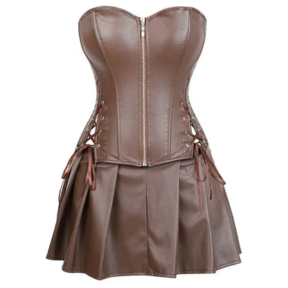 Women Leather Corset Dresses Zipper Gothic PU Leather Corset Sexy Ladies Eyelet Up Pleated Dress Corsets Faux Leather Corset Top