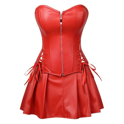 Women Leather Corset Dresses Zipper Gothic PU Leather Corset Sexy Ladies Eyelet Up Pleated Dress Corsets Faux Leather Corset Top