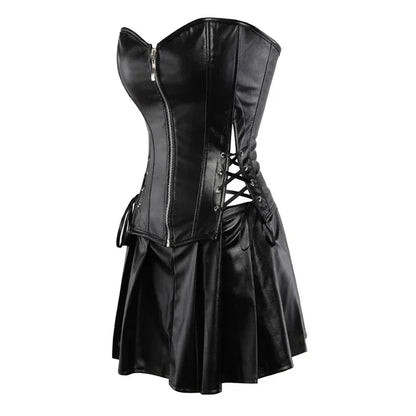 Women Leather Corset Dresses Zipper Gothic PU Leather Corset Sexy Ladies Eyelet Up Pleated Dress Corsets Faux Leather Corset Top