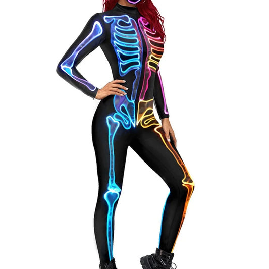 Women Long-sleeved Tight Jumpsuit Halloween Colorful Fluorescent Skeleton Print Tight Version Ladies Joint Sexy Club Clothes