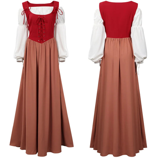 Women Renaissance Medieval Long Dress with Lace-Up Bodice and Puff Sleeves for Halloween and Costume Role Play