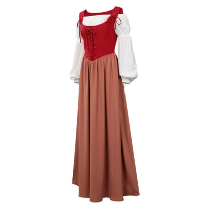 Women Renaissance Medieval Long Dress with Lace-Up Bodice and Puff Sleeves for Halloween and Costume Role Play