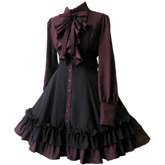 Women Medieval Vintage Lolita Dress  Gothic Long Sleeves Ruffle Classic Dress Renaissance Bow Buttons Wrinkle Sweet Dress