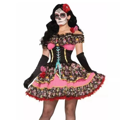 Women Mexican Day of The Dead Horror Zombie Skull Costume Adult Flower Fairy Ghosts Bride Cosplay Halloween Party Dress Up