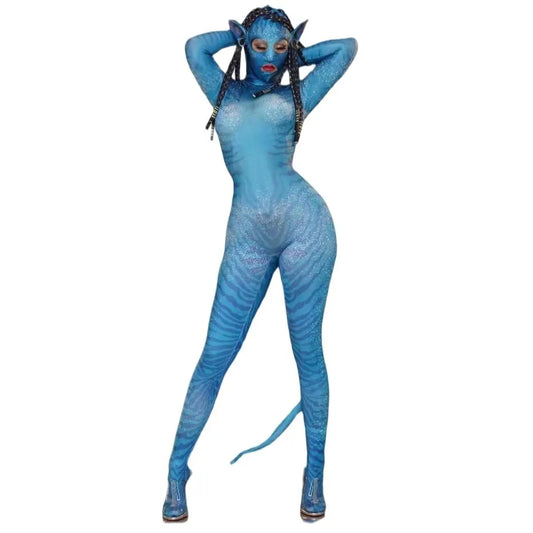 Women New Blue Avatar Couple Sexy Jumpsuit Stretch Prom Party Luxurious Stage Outfit Nightclub Show Costume Performing Halloween