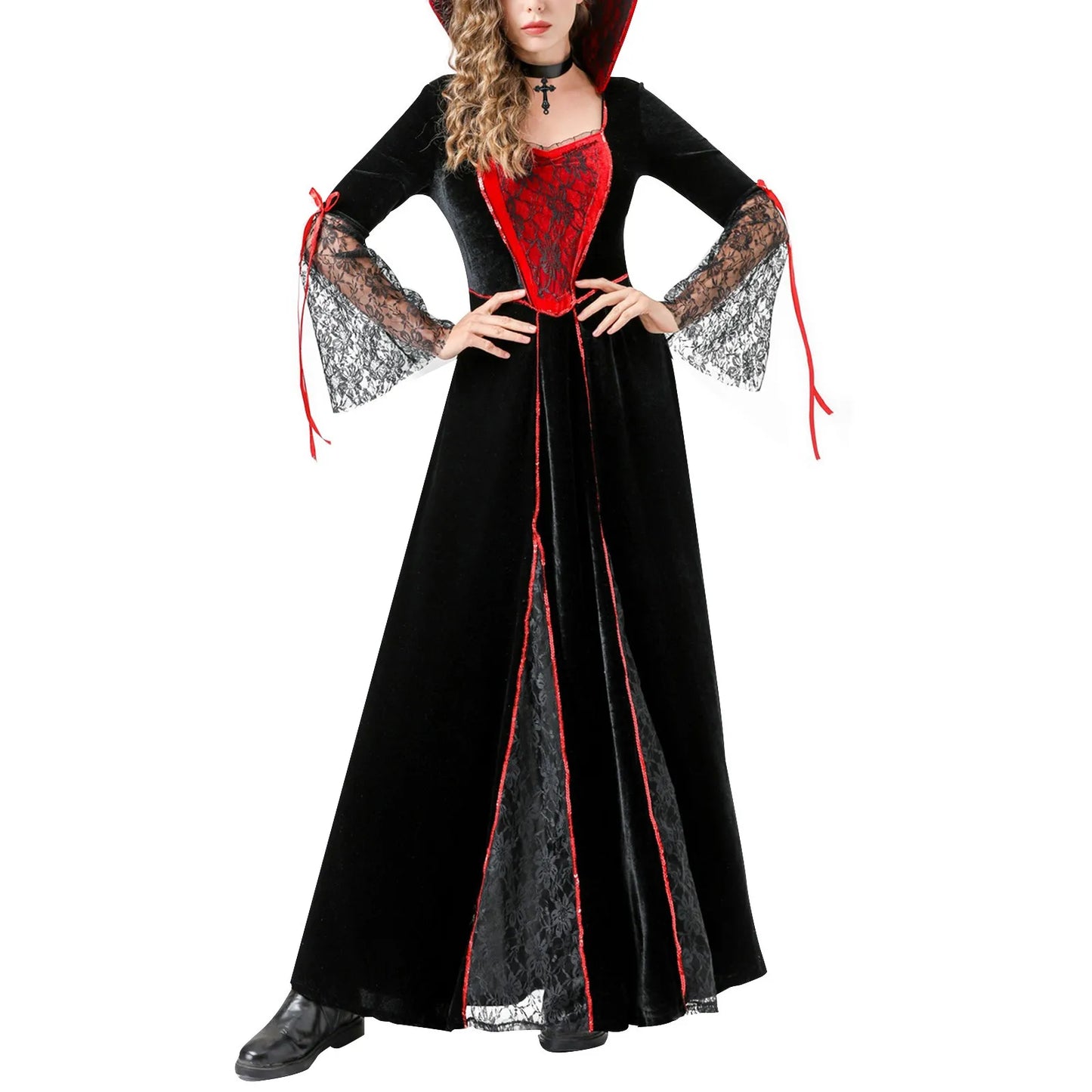 Women'S Halloween Costumes Red And Black Cos Vampire Long Dress Costume With Neck Ornaments Set Exquisite Mesh Patchwork Dresses