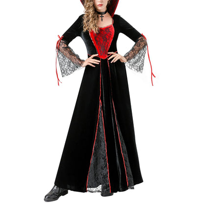 Women'S Halloween Costumes Red And Black Cos Vampire Long Dress Costume With Neck Ornaments Set Exquisite Mesh Patchwork Dresses