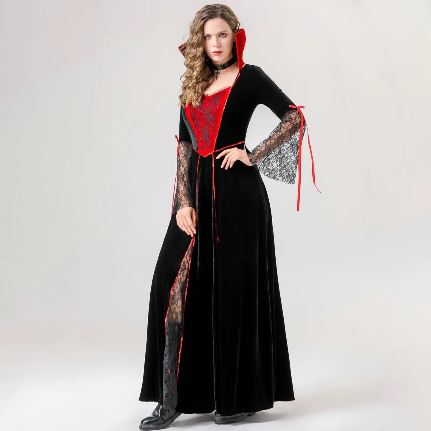 Women'S Halloween Costumes Red And Black Cos Vampire Long Dress Costume With Neck Ornaments Set Exquisite Mesh Patchwork Dresses