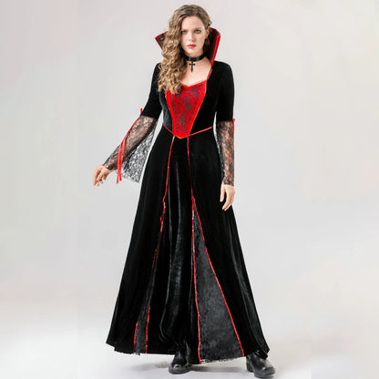 Women'S Halloween Costumes Red And Black Cos Vampire Long Dress Costume With Neck Ornaments Set Exquisite Mesh Patchwork Dresses