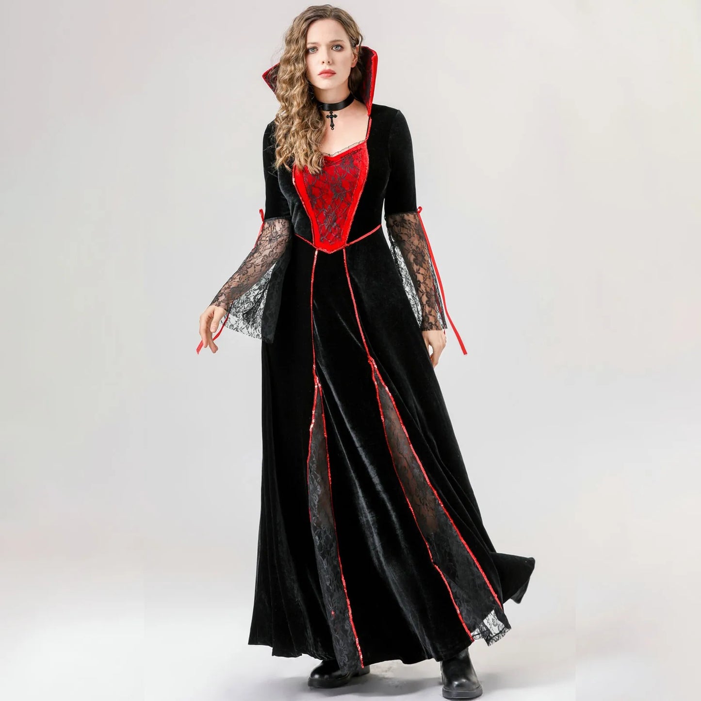 Women'S Halloween Costumes Red And Black Cos Vampire Long Dress Costume With Neck Ornaments Set Exquisite Mesh Patchwork Dresses