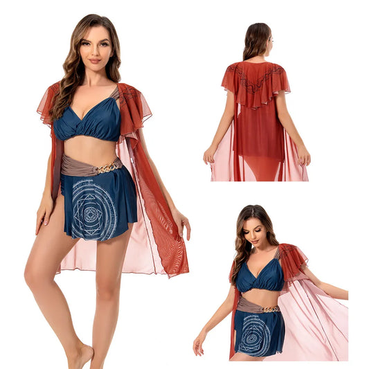 Women Sexy Cosplay Costume Halloween Beach Swimsuit for Female Swimwear Cloak Bathing Suit Summer Bikini Set Red Blue