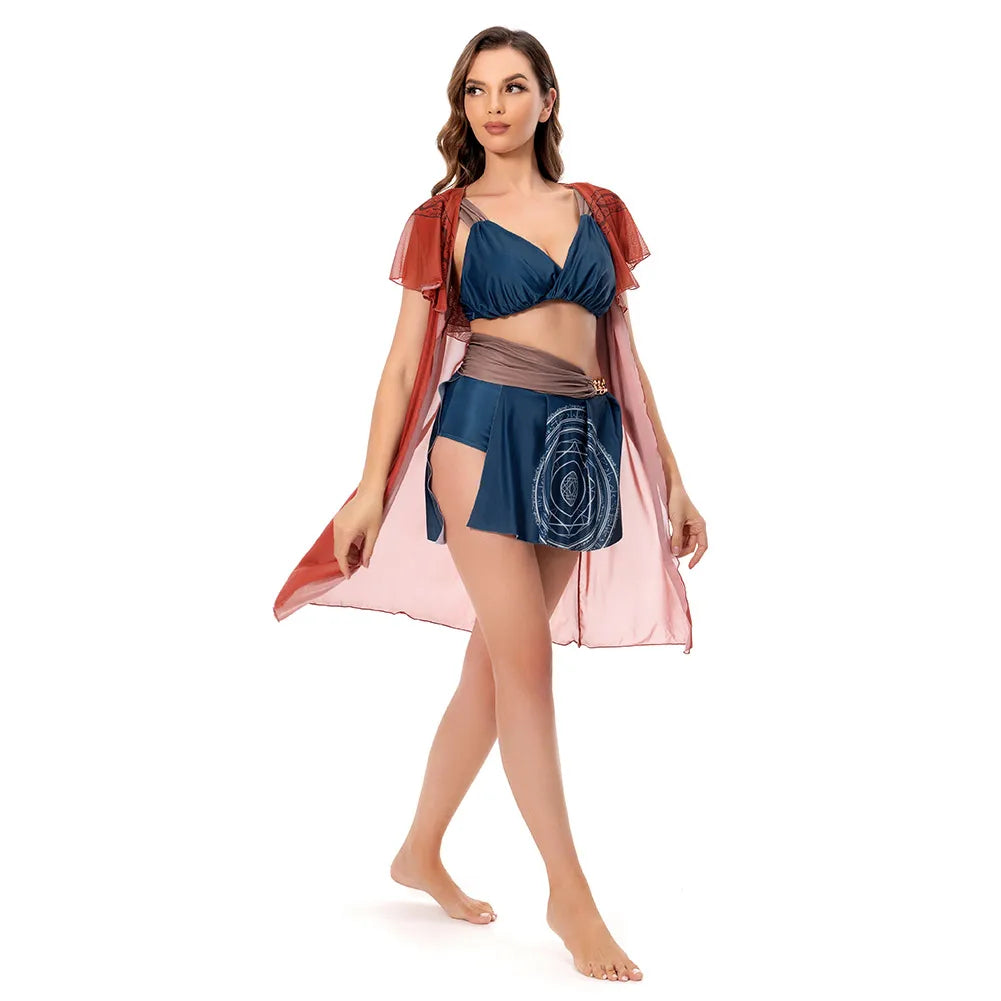 Women Sexy Cosplay Costume Halloween Beach Swimsuit for Female Swimwear Cloak Bathing Suit Summer Bikini Set Red Blue