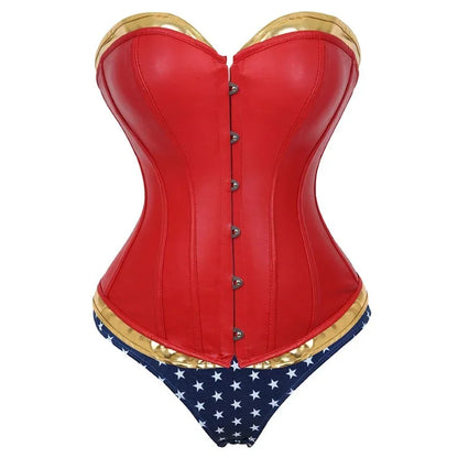 Women Sexy Faux Leather Corset Bustier Body Shapewear with Hot Pants Superhero Cosplay Costume Plus Size