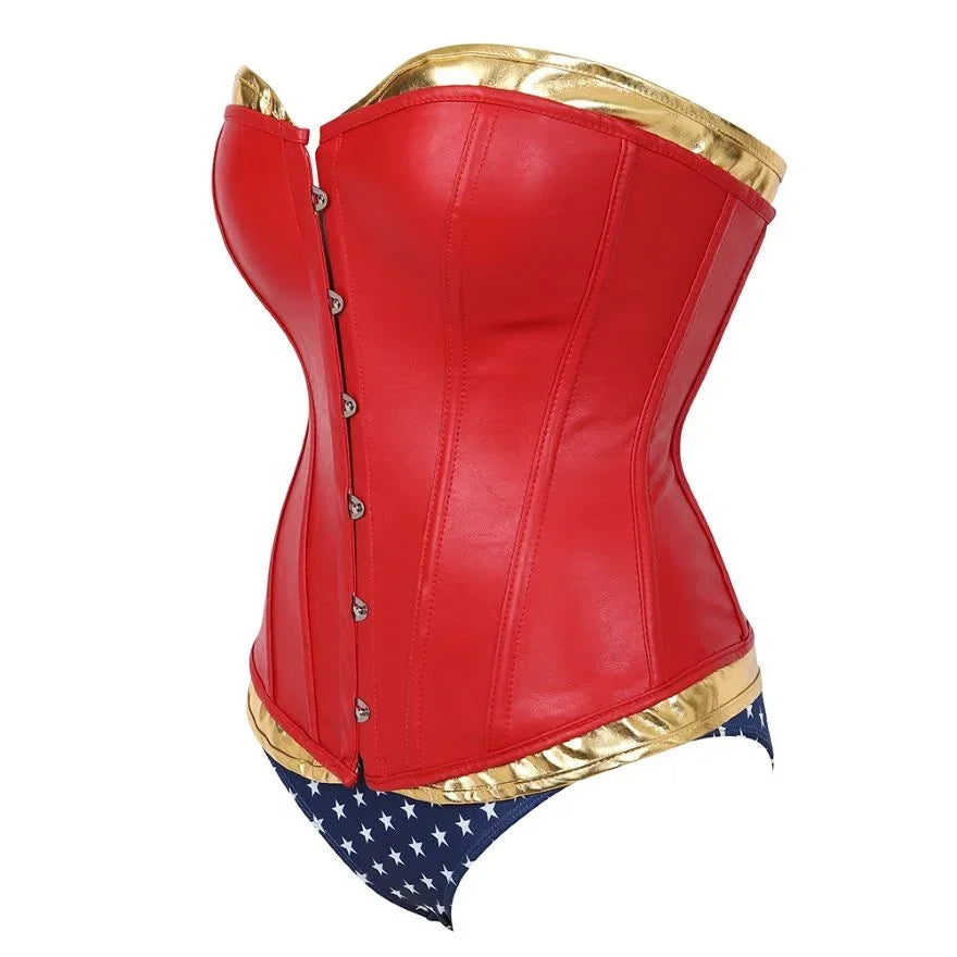 Women Sexy Faux Leather Corset Bustier Body Shapewear with Hot Pants Superhero Cosplay Costume Plus Size