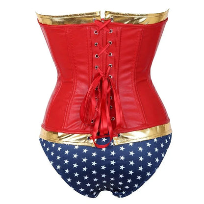 Women Sexy Faux Leather Corset Bustier Body Shapewear with Hot Pants Superhero Cosplay Costume Plus Size