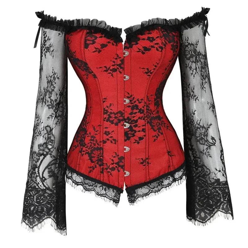 Women Sexy  Gothic Gorset Corset Bustier Lace Up Breathable Bodyshaper Corset Top With Sleeves Lace Waist Up Bustier