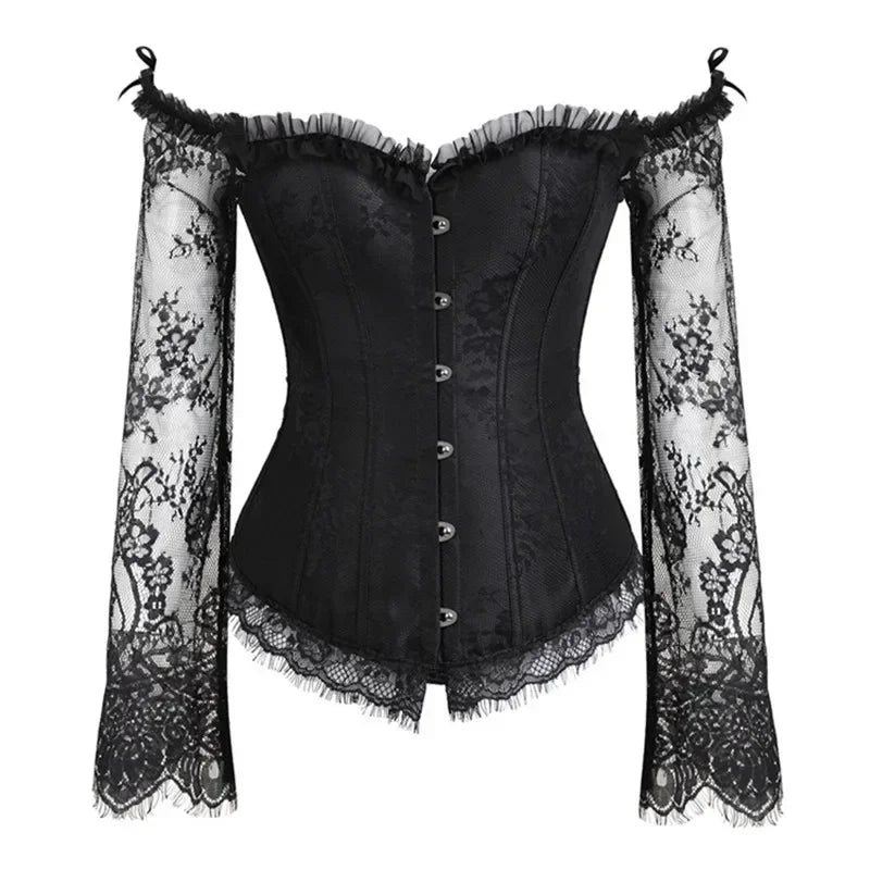 Women Sexy  Gothic Gorset Corset Bustier Lace Up Breathable Bodyshaper Corset Top With Sleeves Lace Waist Up Bustier