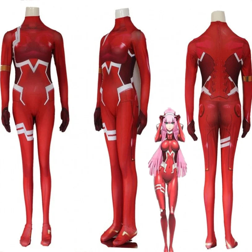 Women Sexy Zentai Suit Zero Two Cosplay Costume Bodysuit Darling in The Franxx 02 Role Play Jumpsuit Set Halloween Costumes