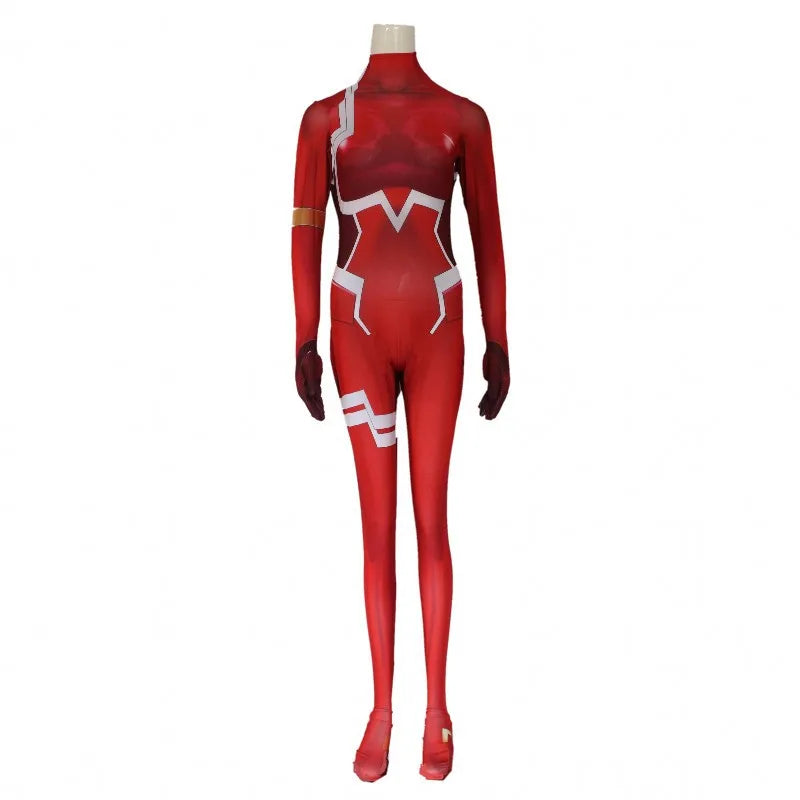 Women Sexy Zentai Suit Zero Two Cosplay Costume Bodysuit Darling in The Franxx 02 Role Play Jumpsuit Set Halloween Costumes