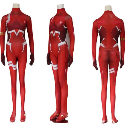 Women Sexy Zentai Suit Zero Two Cosplay Costume Bodysuit Darling in The Franxx 02 Role Play Jumpsuit Set Halloween Costumes