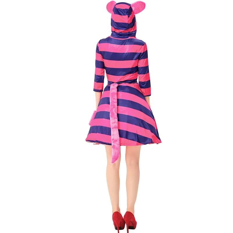 Women Striped Cat Dress Halloween Cosplay Cheshire Cat Women Costume