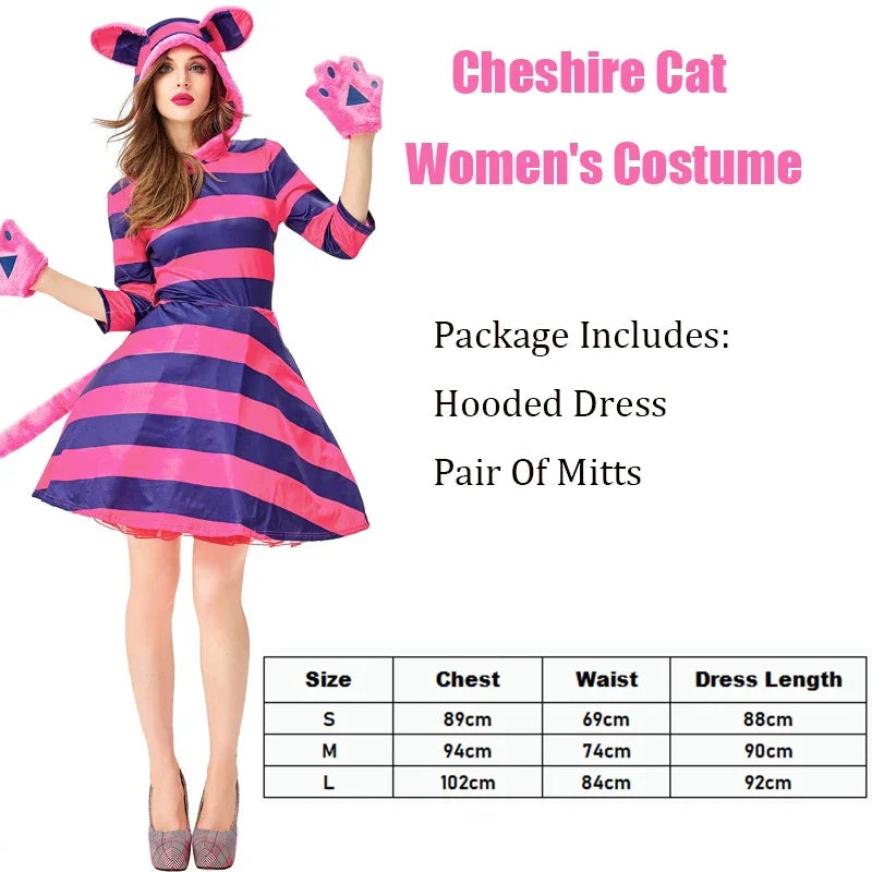 Women Striped Cat Dress Halloween Cosplay Cheshire Cat Women Costume