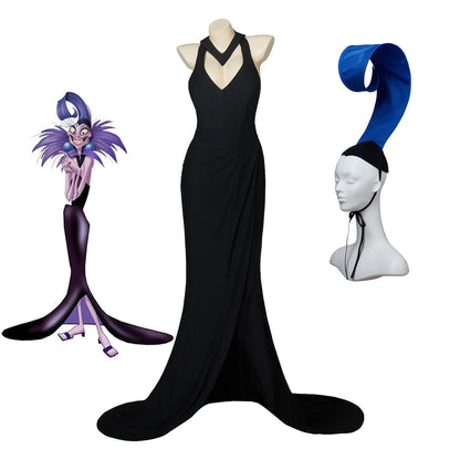 Women Villain Yzma Cosplay Costume Yzma Sexy Black Floor Length Dress Blue Hat Suit Female Halloween Party Costume Plus Size