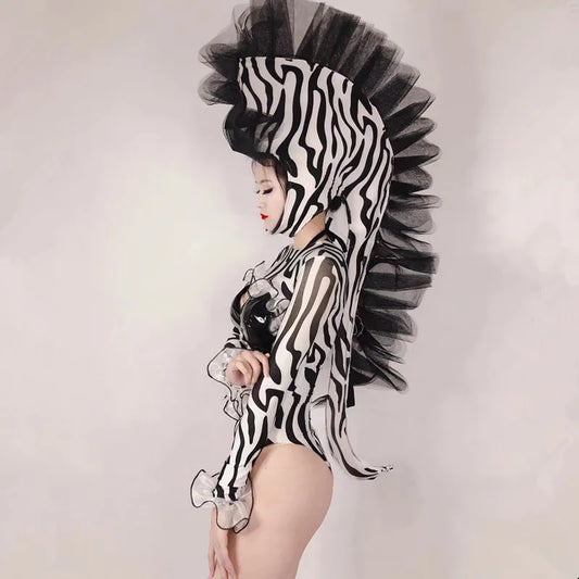 Women Zebra Role Playing Cosplay Costume Sexy Hollow Out Leather Bikini Bodysuit Headdress Outfit Bar Nightclub Festival Clothes