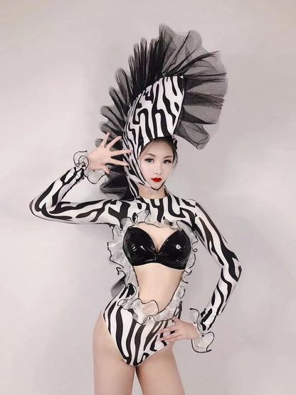 Women Zebra Role Playing Cosplay Costume Sexy Hollow Out Leather Bikini Bodysuit Headdress Outfit Bar Nightclub Festival Clothes