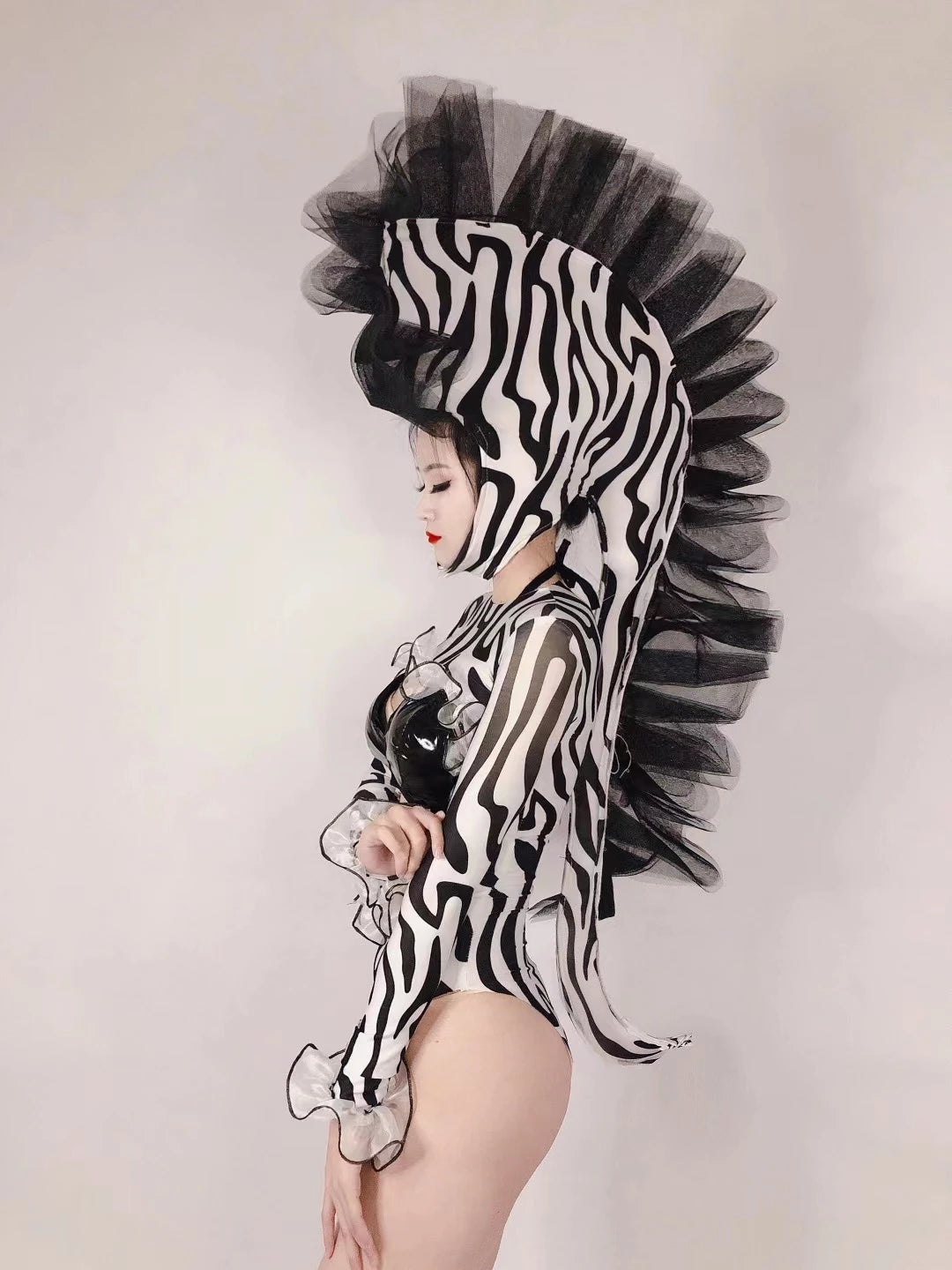 Women Zebra Role Playing Cosplay Costume Sexy Hollow Out Leather Bikini Bodysuit Headdress Outfit Bar Nightclub Festival Clothes